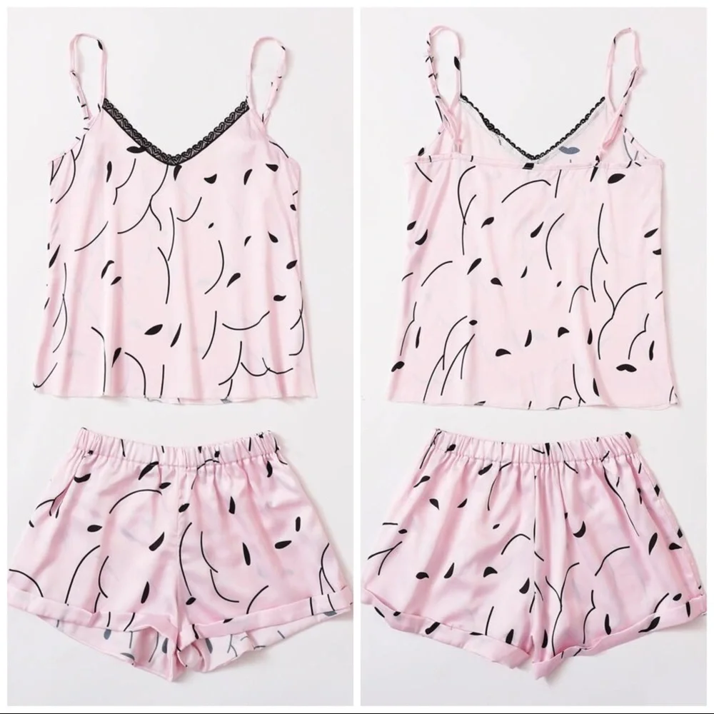 New Pink Lace Satin Silk-Like Pajama Set - Picture 2 of 5